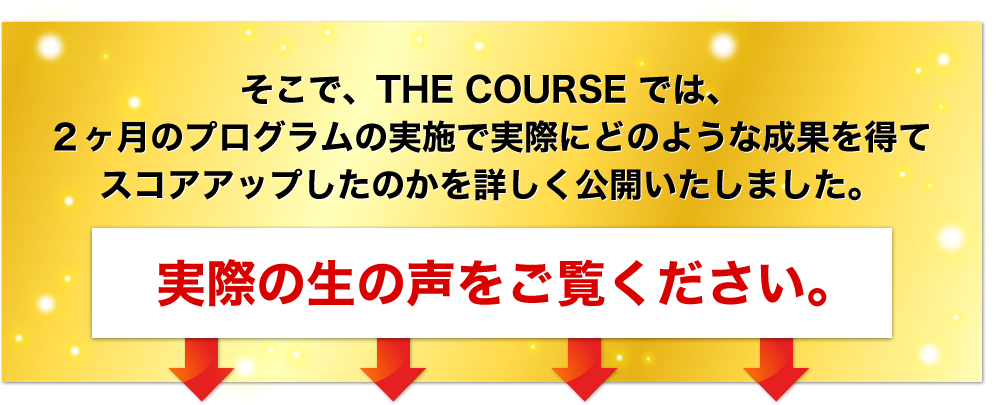 そこで、THE COURSE では、２ヶ月のプログラムの実施で実際にどのような成果を得てスコアアップしたのかを詳しく公開いたしました。